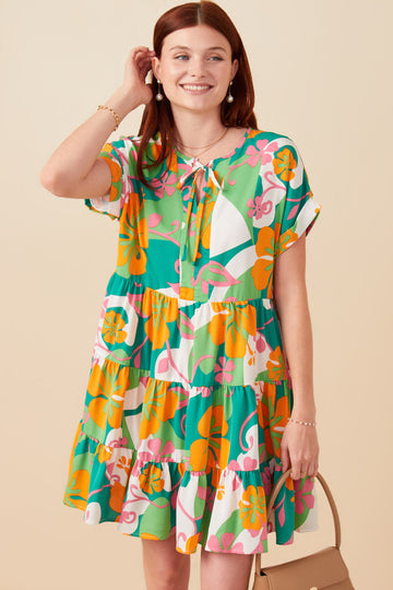 HY7936 Green Womens Vibrant Floral Print Tie Detail Tiered Dress Front